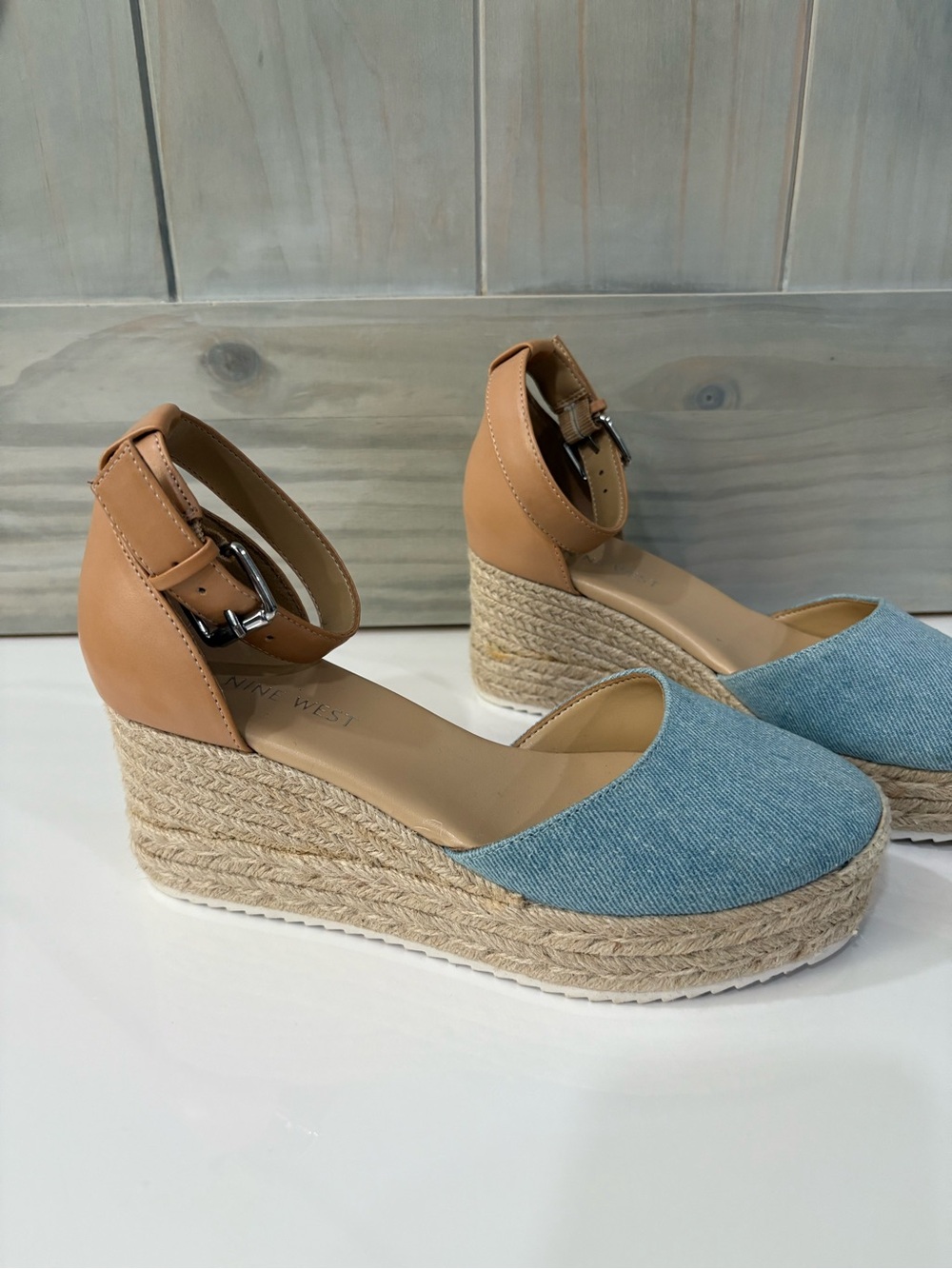 Nine West Woven Espadrille Wedge Sandal - Blue & Tan